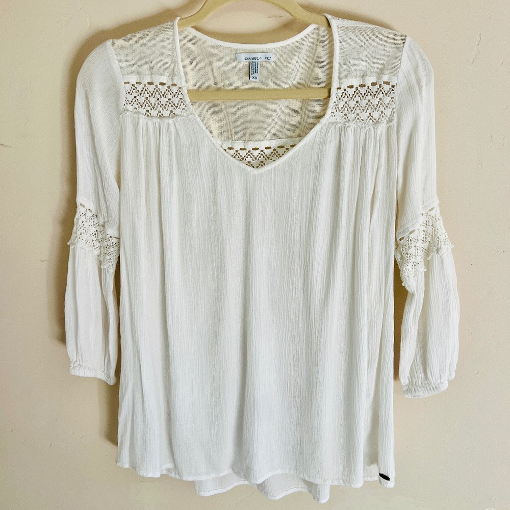 O'Neil Surf Women's XS White Gauze Cotton Boho Top w/ Crochet Details Girls